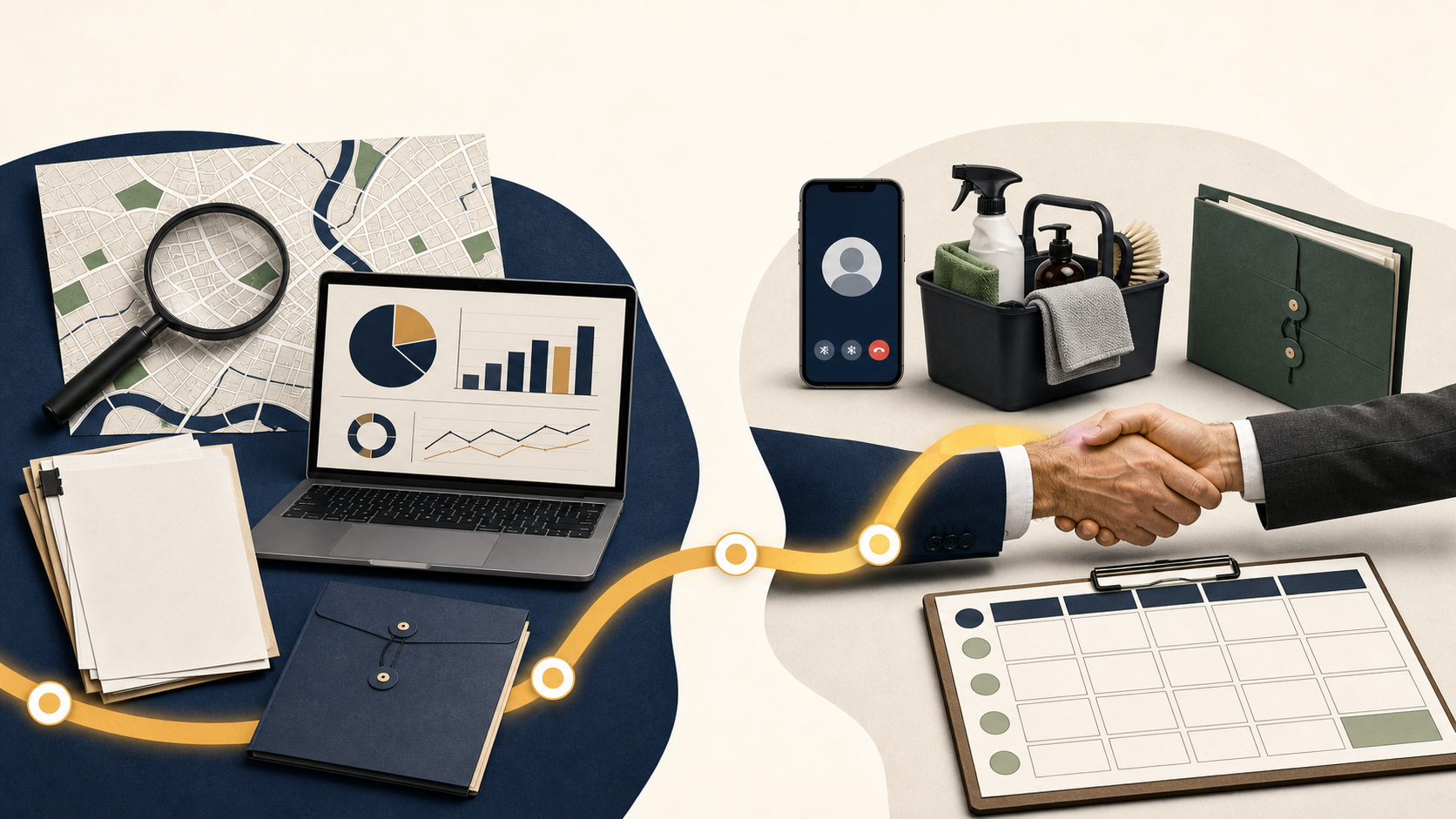 A two-part market-research workflow moving from desk research with maps and charts to phone verification with cleaners and lenders.