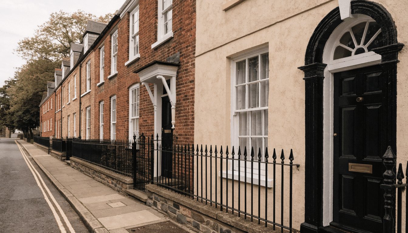 Street-level view of traditional English brick townhouses with a classic Georgian black door and iron fencing, typical of UK short-term rental markets.