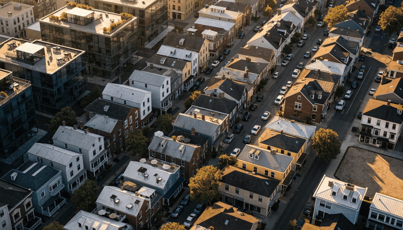 Aerial view of a mixed American residential neighborhood at golden hour, showing the variety of short-term rental properties common across US Airbnb markets.